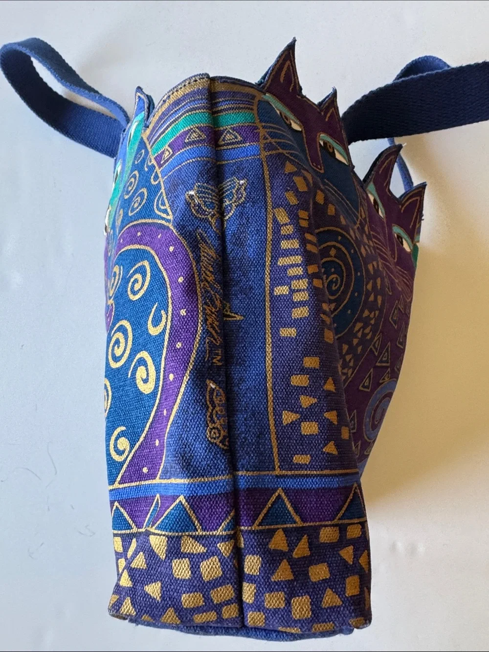 Laurel Burch Whimsical Cat Pattern Shoulder Bag in Blue and Purple